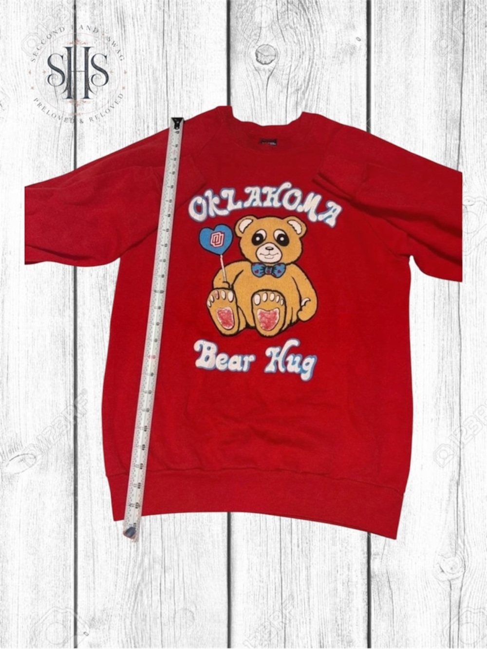 VTG 80s Screen Stars Oklahoma OU Bear Hug Sweatshirt Large Red USA